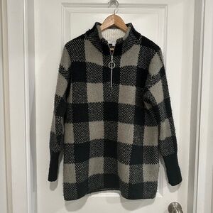 My Style | Women’s Large Black  Cream Gray Plaid Sweater Cozy Fall Quarter Zip
